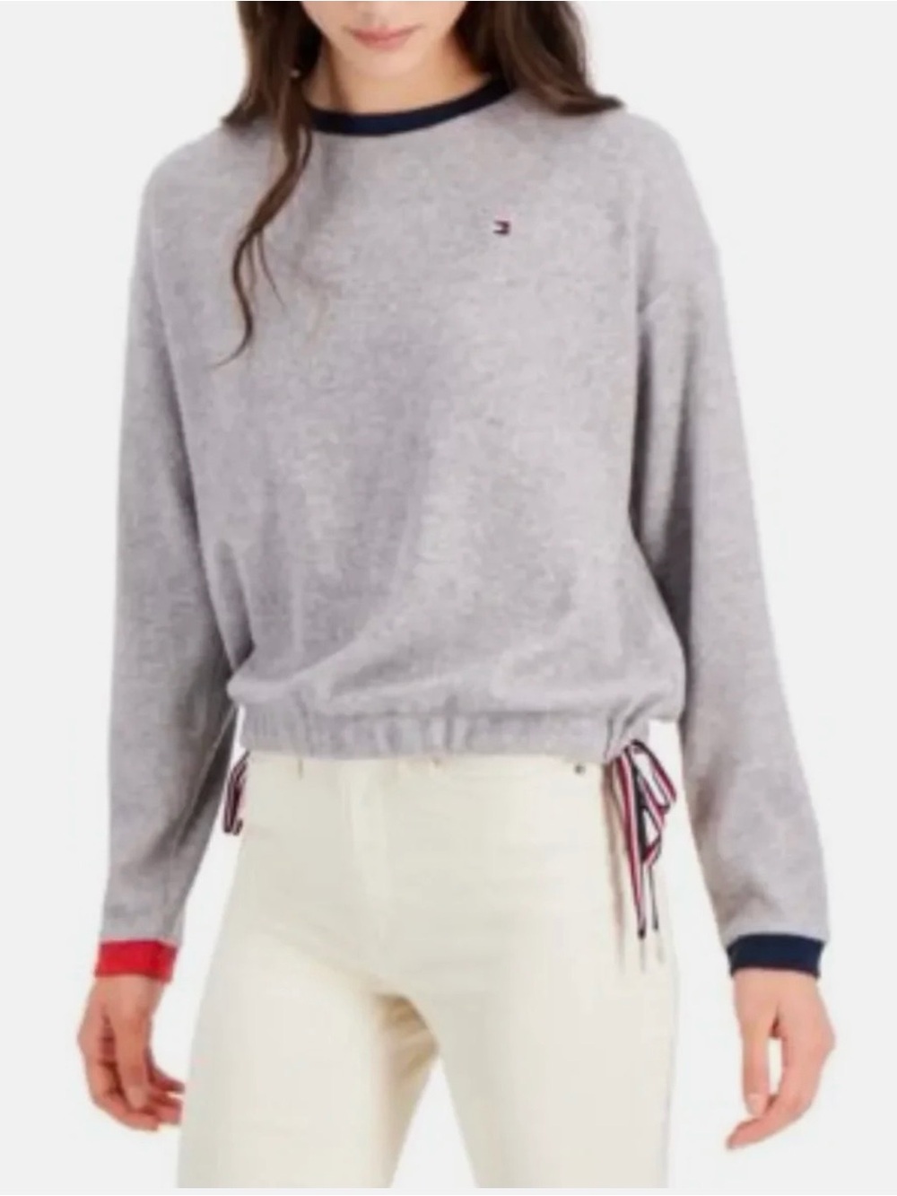 Tommy Hilfiger Gray Crewneck Sweater with Navy & Red Trim